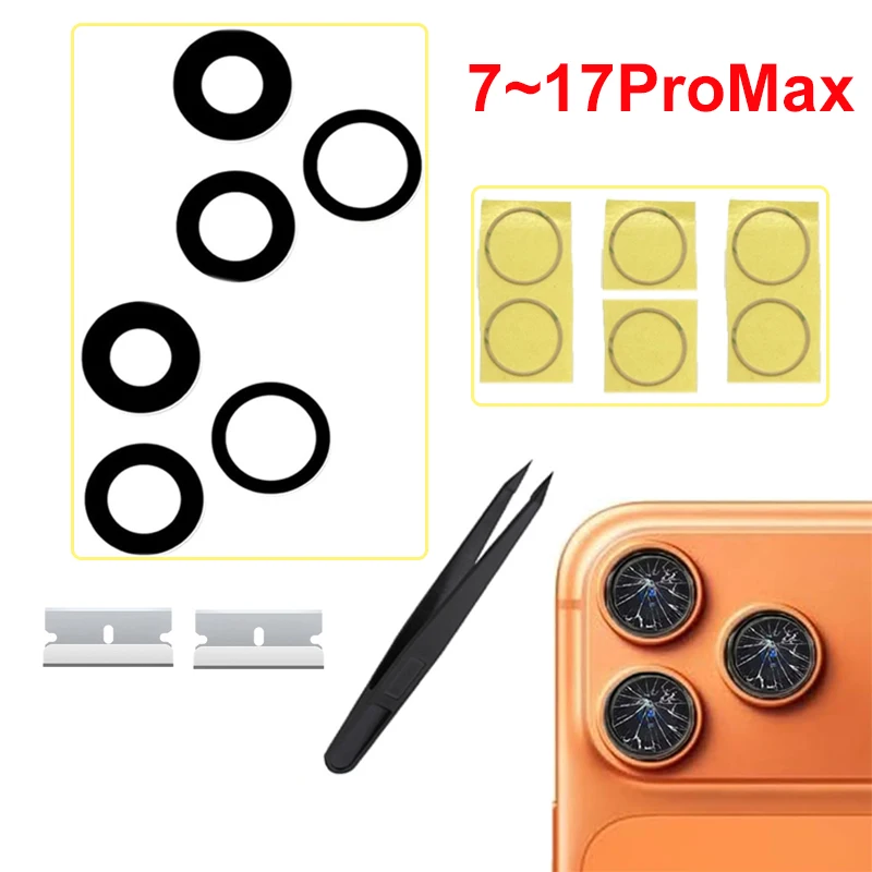 Back Camera Lens Glass Replacement For iPhone 8 X 11 12 13 14 15 16 17 Pro Max Camera Repair Kits Free 3M Adhesive & Tools