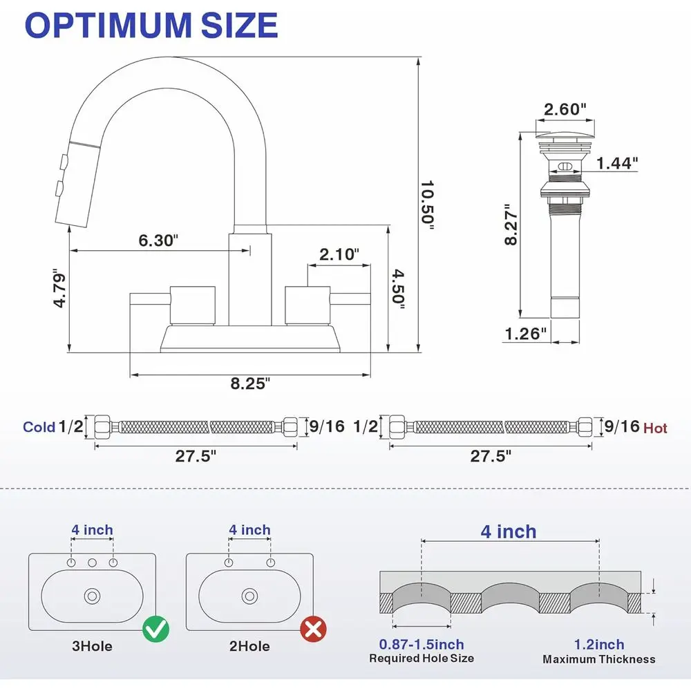 صنبور رش قابل للسحب بثلاث فتحات باللون الأسود غير اللامع مقاس 4 بوصات مع مقبضين لحوض الغسيل، KBL-6002B