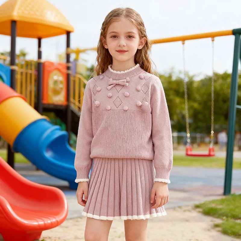 

2025 Baby Girl Knitted Clothes Suit New Autumn Children Clothing Set Long Sleeved Solid Color Knitted Ball Sweater +Short Skirt