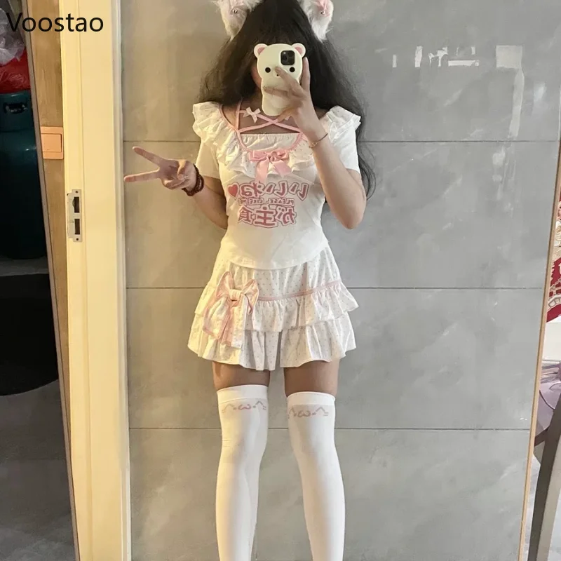 Sweet Lolita Style Skirt Set Women Grunge Cartoon Print T-Shirt Cute Bow Mini Cake Skirt Suit Girls Korean Kawaii Y2k Outfits