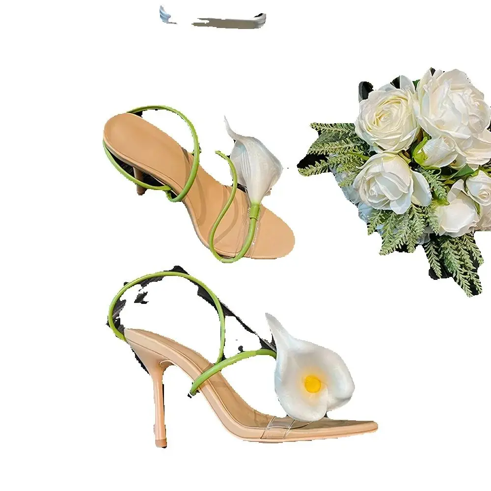 

Calla Lily Decor Sandals Green Women Shoes Narrow Rope Band Open Round Toe Thin High Heel Shoes for Girls Zapatos Para Hombres
