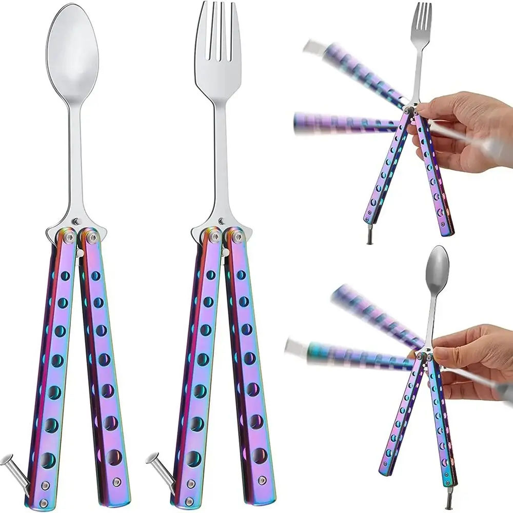 Colher e Garfo Dobrável em Aço Inoxidável Durável, Ferramenta de Treinamento Balisong para Camping ao Ar Livre