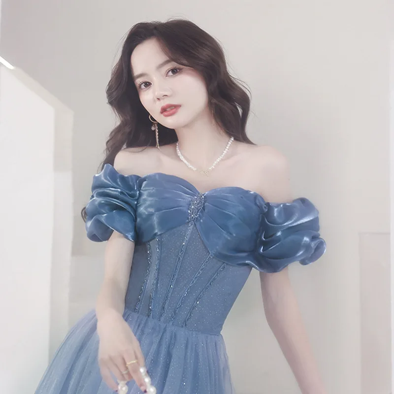 Blue Evening Dress 2025 Spring/Summer New One Shoulder Simple Banquet Style Performance Host Student Art Exam Long Dress