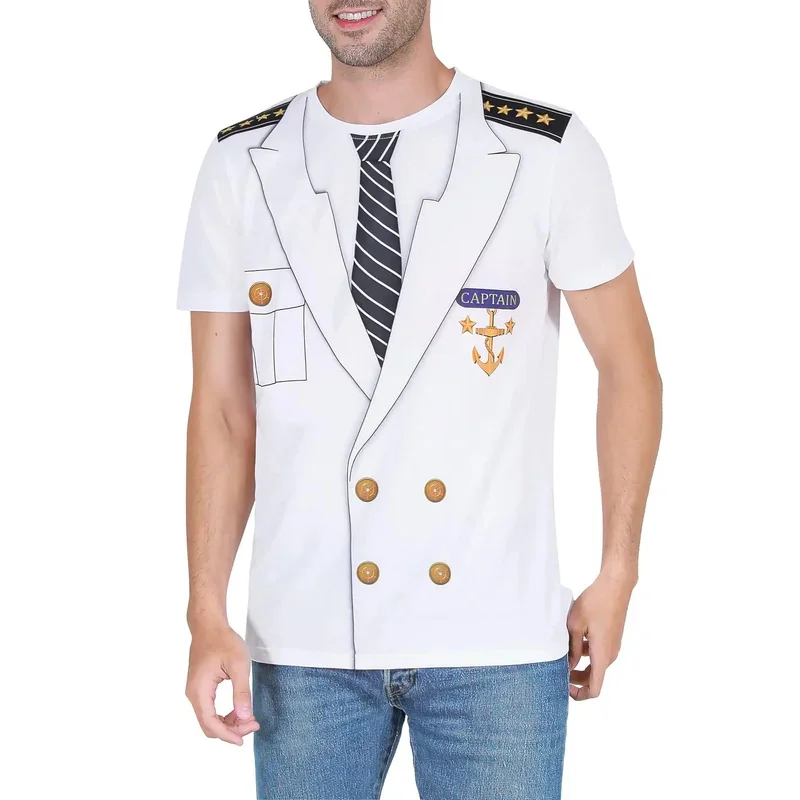 Sky02 camiseta masculina capitão, fantasia de festa de marinheiro, uniforme gráfico de iate, manga curta, estampa 3d, top rock, concerto, carnaval, hall88li