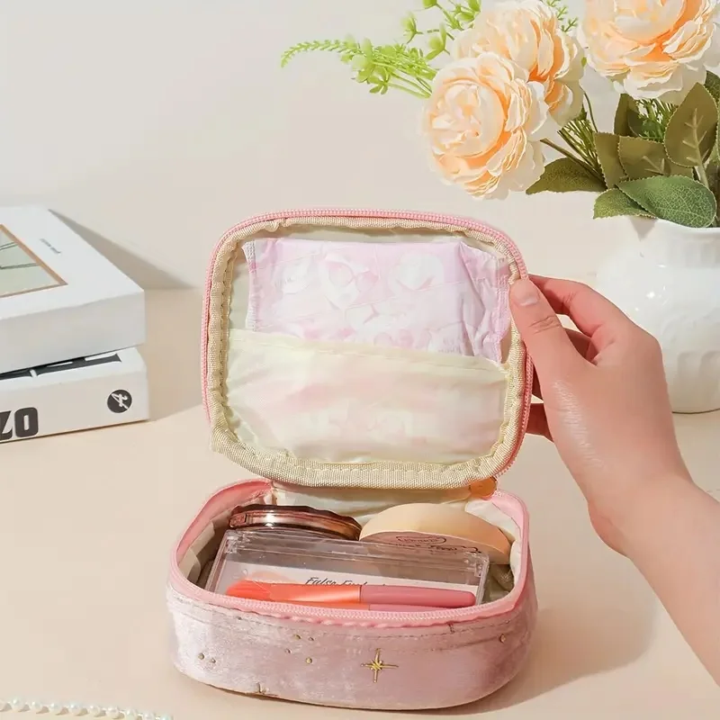 Sparkling Star Samt-Make-up-Tasche, großes Fassungsvermögen, Mehrzwecktasche mit goldenem Reißverschluss für Make-up-Münzen, 4 Farben – Detail 2