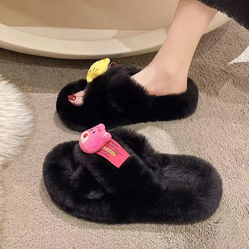 Strawberry Winnie the Pooh New Women's Fashion Cute Fall Outwear Winter Thick Bottom Home Cotton Slippers Cartoon Wool Slippers