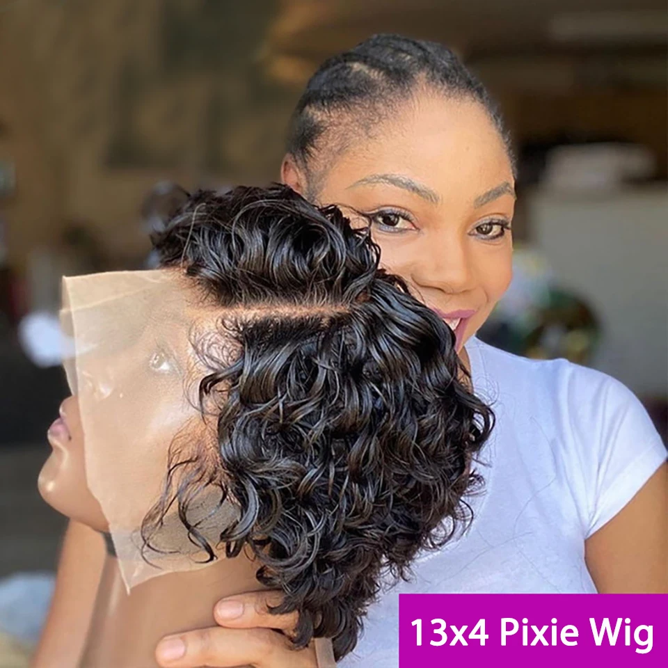 Pixie Curls 100 % Echthaar, Pixie-Schnitt-Perücke, kurzer Bob, Echthaar, 13 x 4 Spitze-Frontal-Perücken, transparente Spitze, Echthaar-Perücke