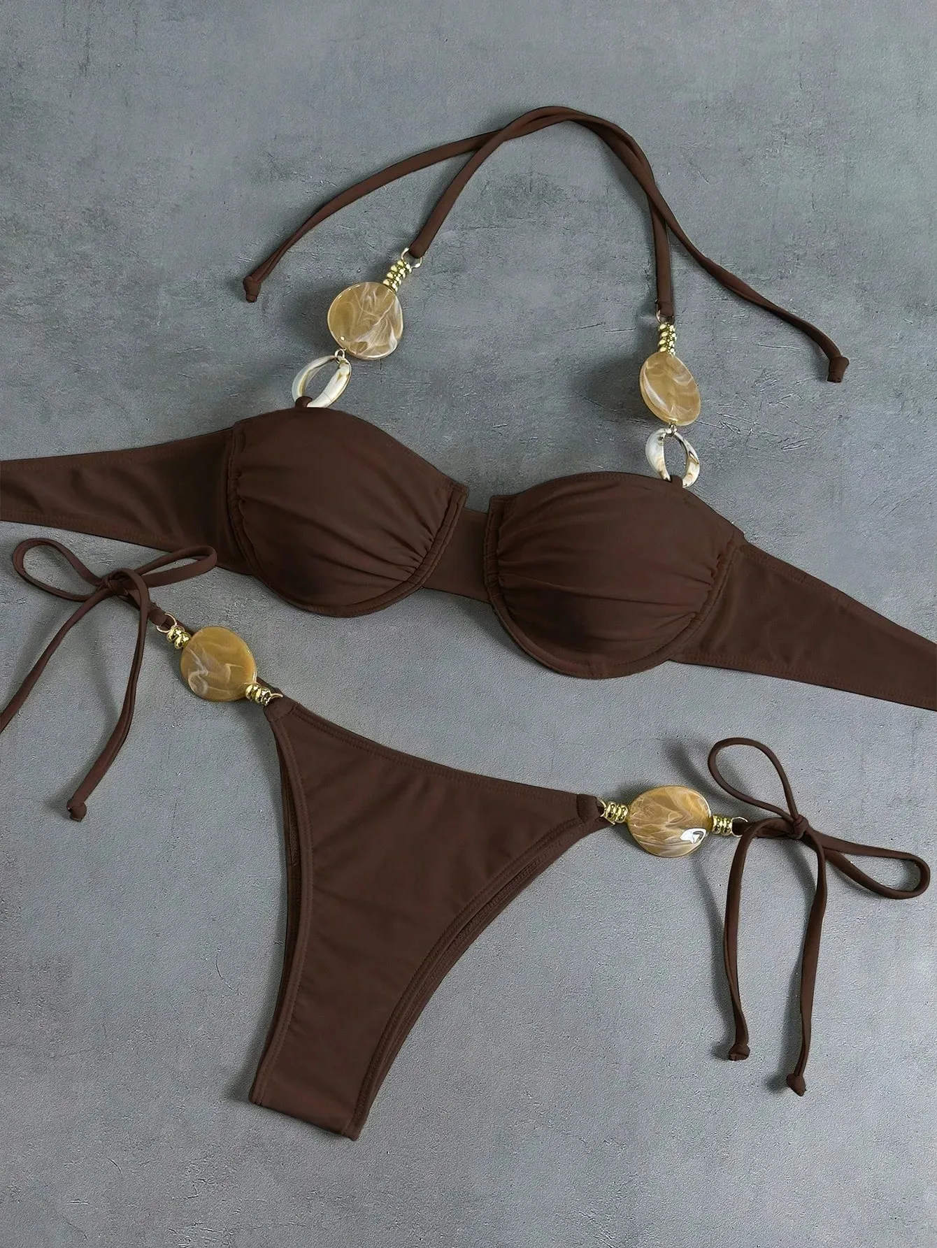 Sexy Coffee Bikini Set 2026 Women Stone Strap Push Up Underwire Bra Bandage Thong Swimsuit Beach Holiday Bathing Suit Swimwear