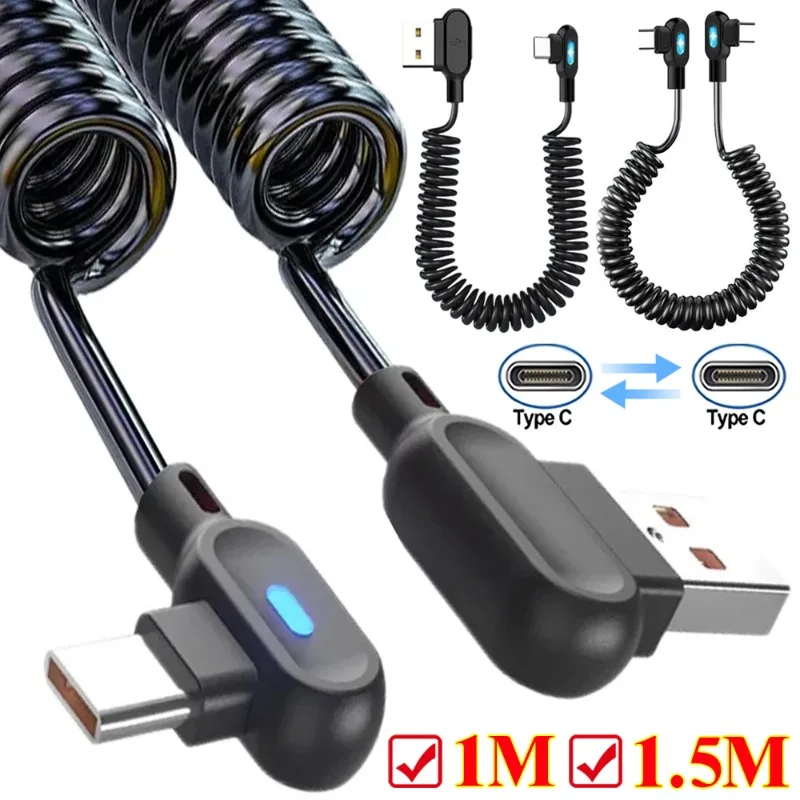 

6A Short Spring Data Cable Elbow USB A/Type C To Type C Fast Charging Cable for Samsung Huawei Xiaomi Phone Charger Wire Cord