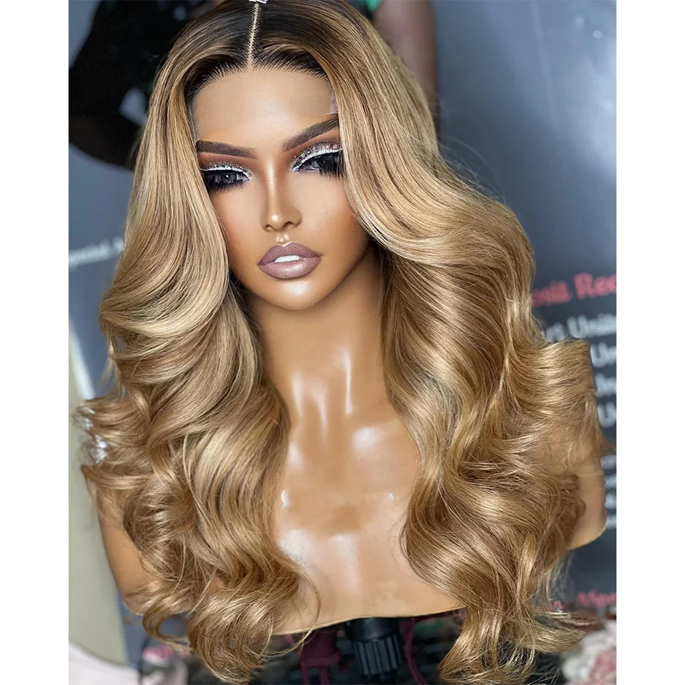 Linhua#4 Dark Root #27 Honey Blonde Body Wave 4x4/5x5 Lace Wig 13x6 Transparent Lace Wigs Remy 13x4 Lace Frontal Wig Preplucked