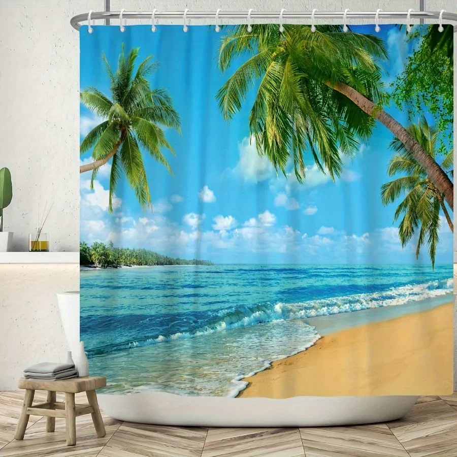 ~O~Tropical Beach Palm Tree Bath Drapery, Ocean Island Seascape Bathroom Decor, Durable Waterproof Tub Liner with Hooks, Summer