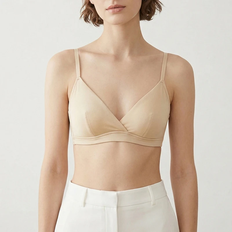 88% Mulberry Silk Bra - Barely-There Comfort V-Neck Crossover Wireless Design with Elastic Straps, Smooth & Breathable Lingerie