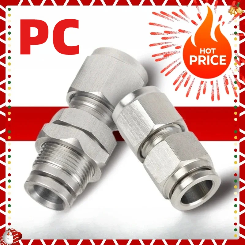 Pneumatic Air Pipe Double Ferrule Fitting, 304 Stainless Steel External Thread Straight Terminal  PC4/6/8/10/12/14/16mm