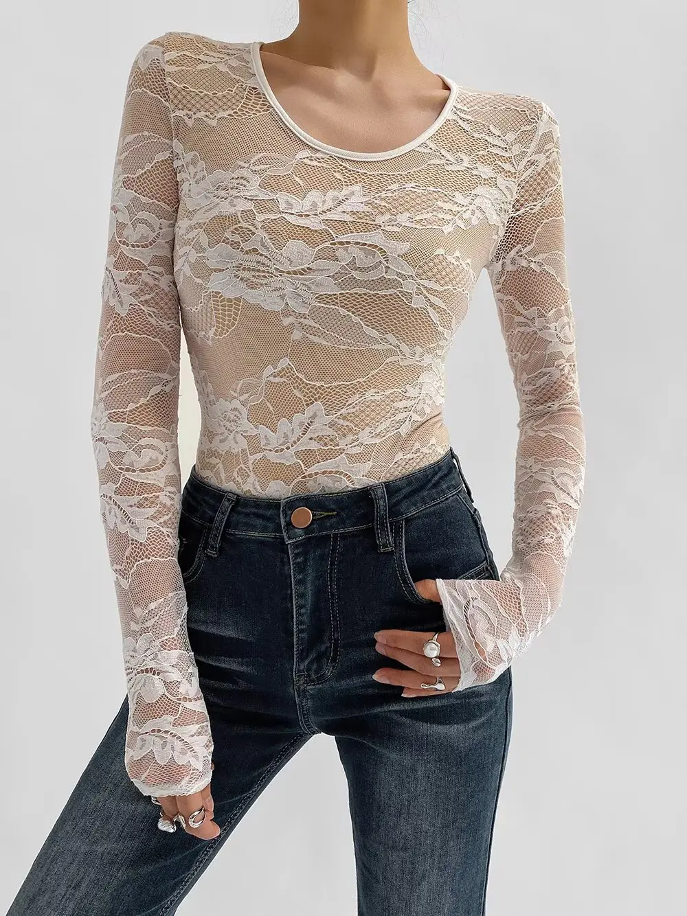 2 colors 2025 Autumn See Through Lace With Lining O Collar Long sleeve Bodysuit Sexy Woman Jumpsuit Slim Rompers Playsuits White