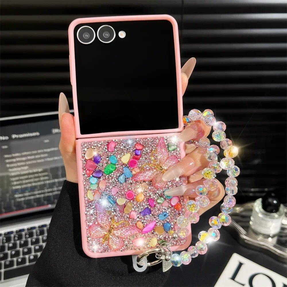

Luxury Glitter Phone Case For Samsung Galaxy Z Flip 7 FE 6 5 4 3 Flip7 5G Butterfly Crystal Stone Bling Wrist Hand Strap Cover