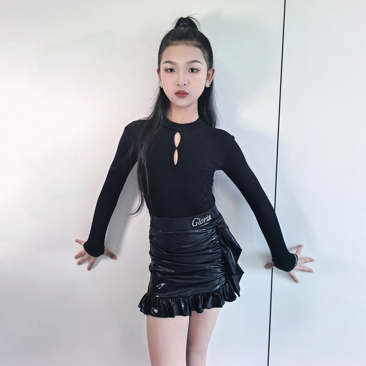 2025 Latin Dance Long Sleeved Split Skirts Practice Suit For Girls Samba Chacha Tango Dress Latin Dance Performance Wear  XH3785