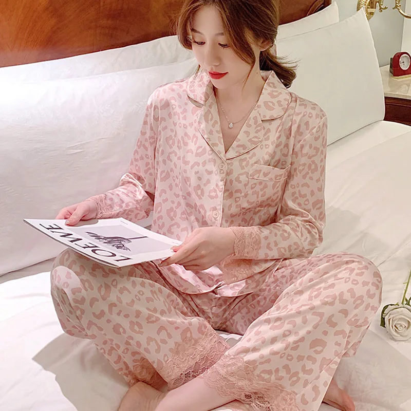 Pink Leopard Print Spring and Summer New Long-sleeved Cardigan Pajamas Women\'s Korean Ice Silk Casual Loungewear Set Pink Satin