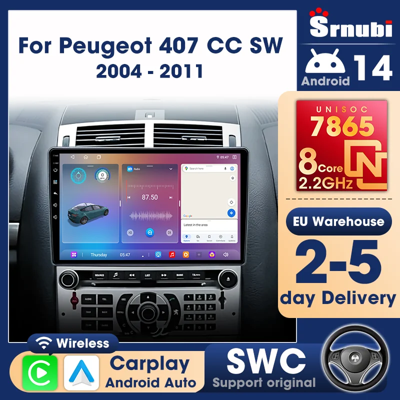 Autoradio Android 2 Din con Carplay per Peugeot 407 2004-2011, 8-Core, Multimedia, 4G, Stereo, Navigazione GPS, Sistemi Intelligenti Auto