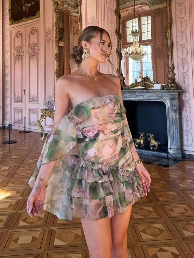 

Spring and Summer New Chiffon Printed Ruffle Edge Cloak, Chest Wrapped A-line Dress, Women's Dress, Club Party Party Short Skirt