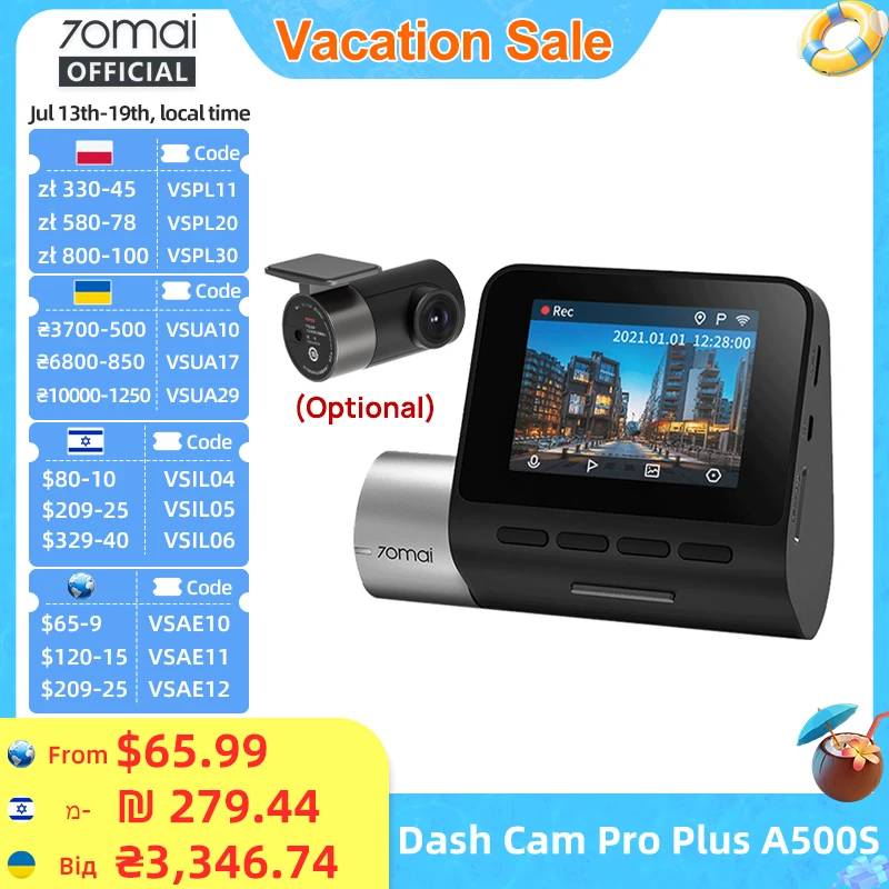 글로벌 버전 70mai 대시 캠 프로 플러스 A500S 1944P ADAS GPS 카메라 전면 140FOV 자동차 DVR 24 시간 주차 지원 후면 인테리어