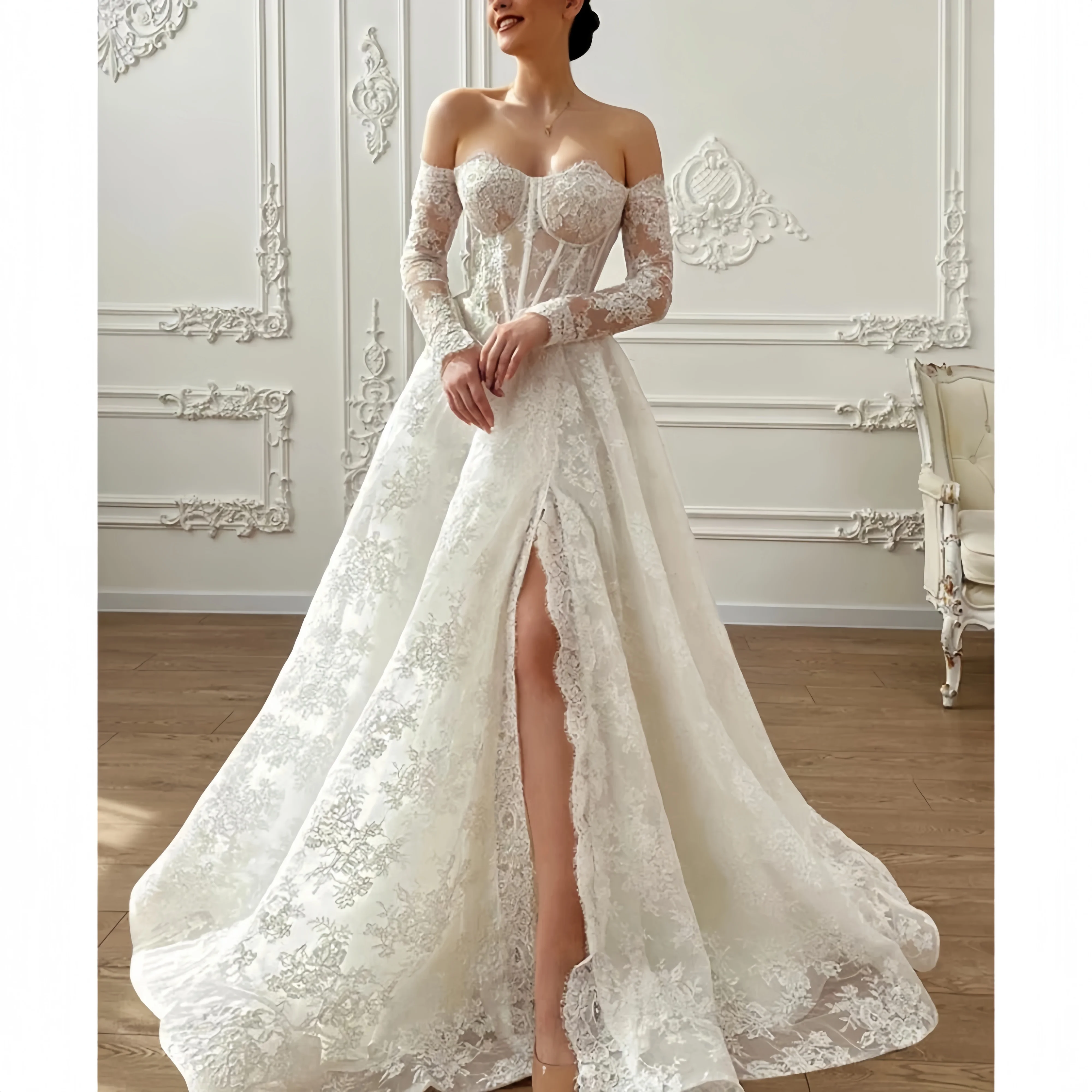 Customized   Sexy Lace Women Wedding Dress Sweet Backless High Side Slit With Lace Sleevesw Gowns Wedding Party novia amanda