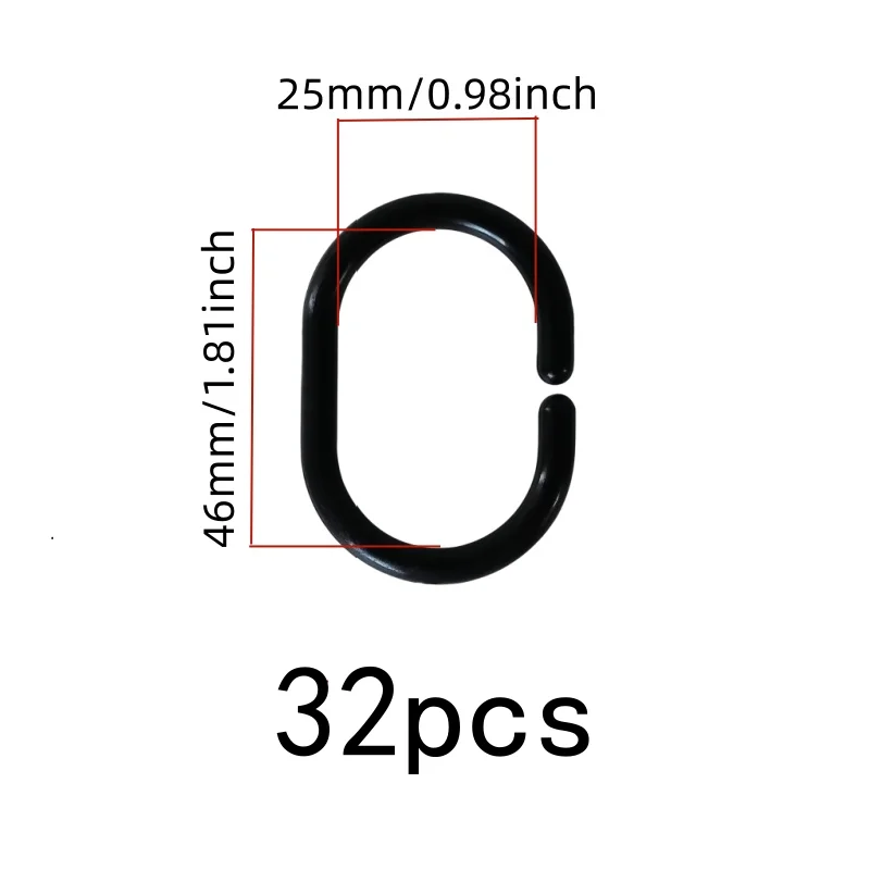 32 pcs Black C-Shaped Shower Rings, Easy Snap-On Closure, Bathroom Shower Curtain Hotel Bath Tub Area, Black C-Type Design