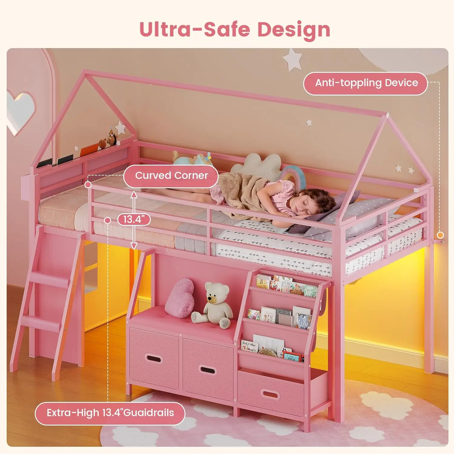 Cama Alta Infantil Tamanho Solteiro com Estante, Cantinho de Leitura, Cama Alta Infantil com LED e 3 Gavetas, Espaço de Brincadeira Abaixo da Cama, Casinha, Personalizável