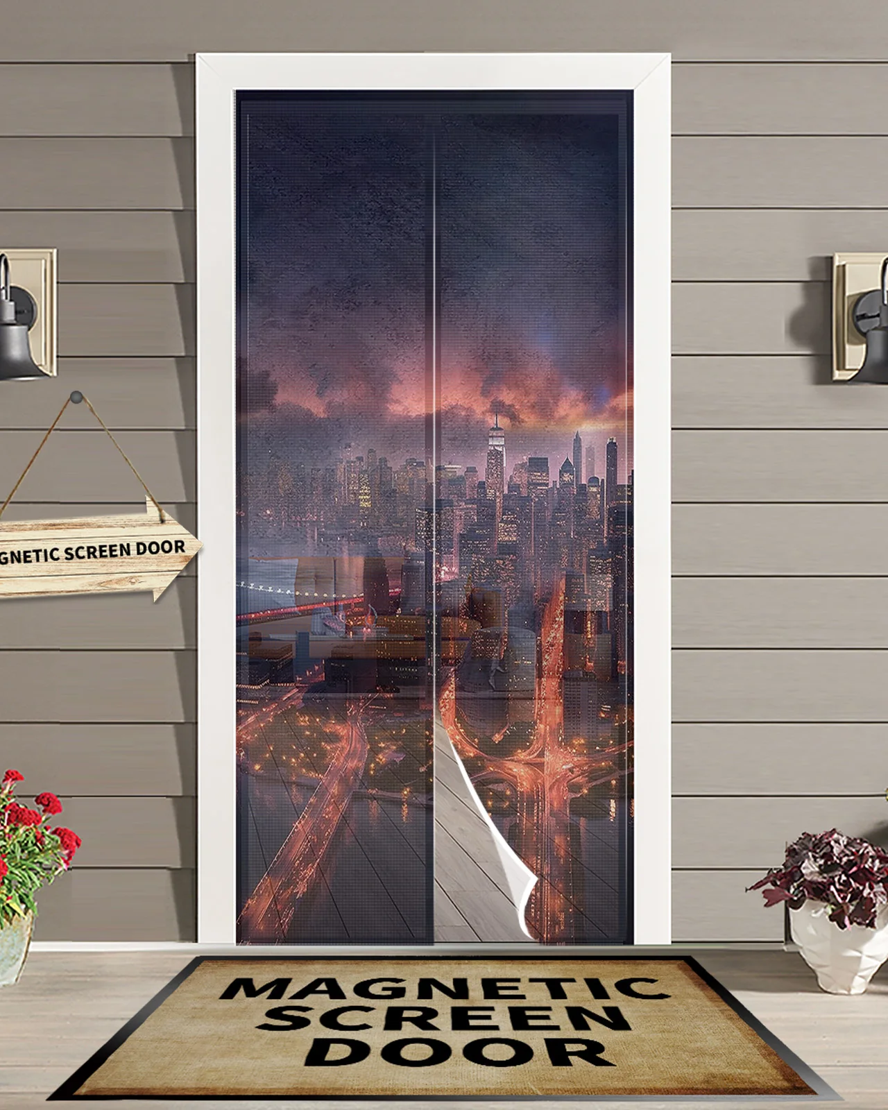 City Street Sky Gradient High Building Magnetic Door Curtain Living Room Bedroom Home Anti-mosquito Screen Door Curtain