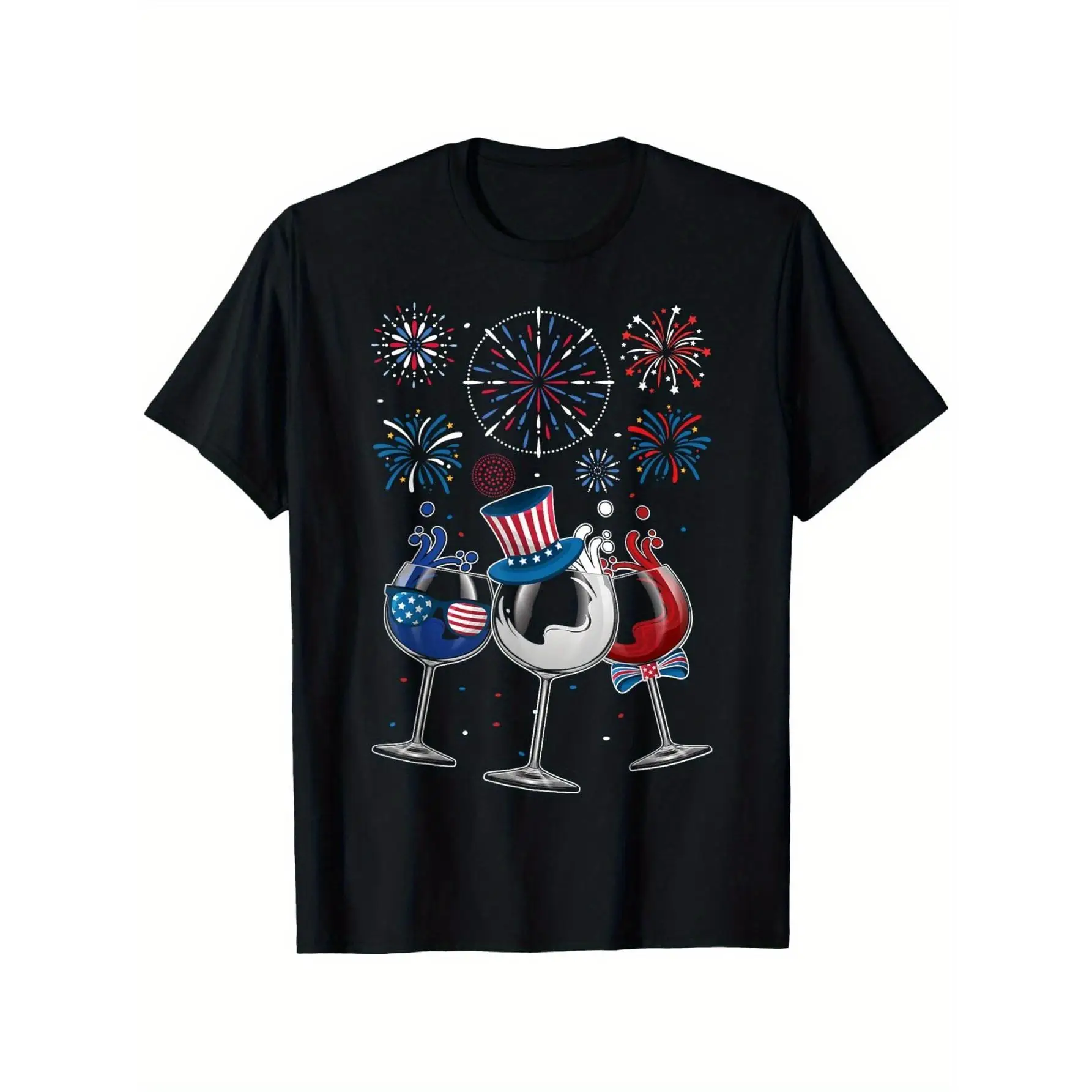 

Funny Wine Glasses T-Shirt, Patriotic American Flag Graphic Tee, Men's Humorous Drinking Top, Veterans Day Novelty Gift
