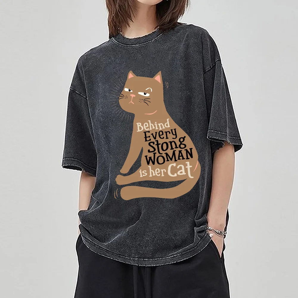 

Black Cartoon Cat Print Women's Washed T-Shirt 2024 Summer Hot Selling Pop Oversized Crew Neck Short Sleeve Unisex Sweetheart