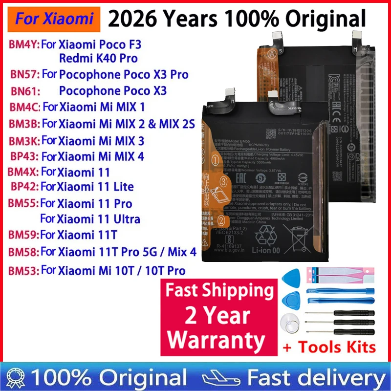 BP42 BN57 BM55 BM58 BM59 Original-Akku für Xiaomi Mi Mix 1 2 2S 3 4 Poco X3 F3 Redmi K40 10T 11 11T Lite Ultra Pro Batterien