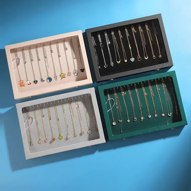 Lbarley Velvet 20 Hooks Jewelry Showcase for Necklaces Jewelry Box Stackable Glass Top Lockable