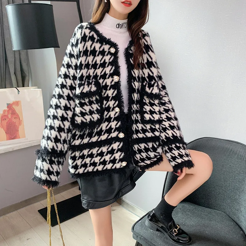 UHYTGF imitazione visone lana cappotto donna monopetto Casual autunno giacche Cardigan moda femminile Plaid capispalla corta 1869