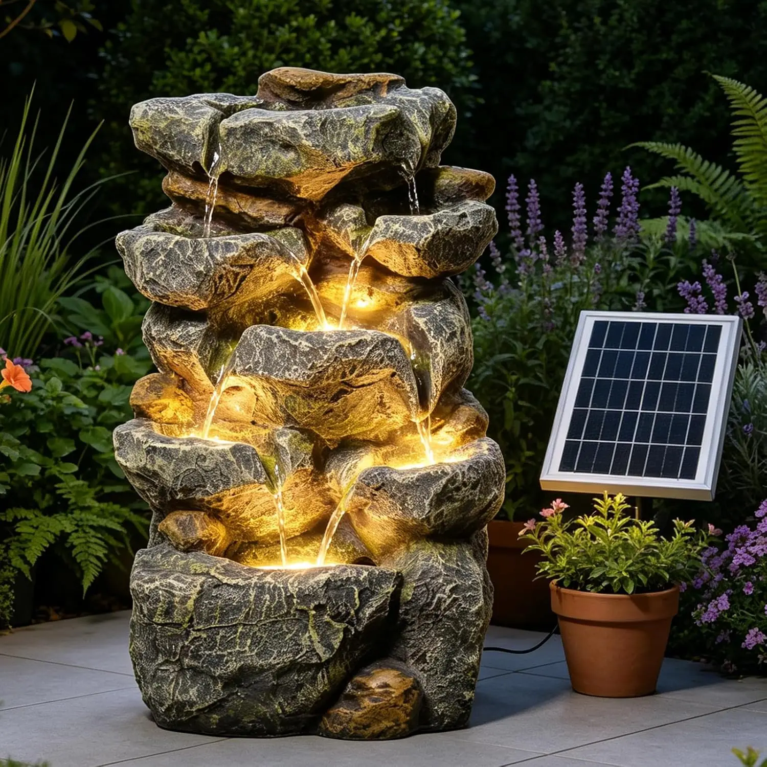 Solar Water Fountain Outdoor Garden, 19.3 Inch Cascading Stone Design 5 Tier Rock Feature Outdoor Fountains Waterfalls with Ligh