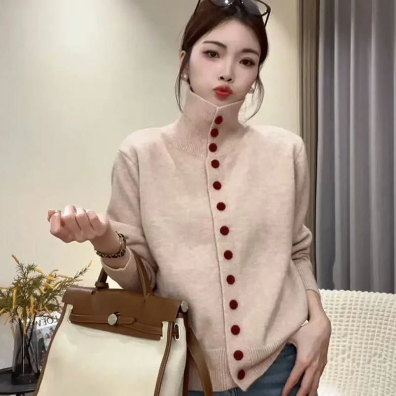 الياقة المدورة المرأة سترة 2026 جديد ربيع الخريف عالية الرقبة محبوك سترة شيك واحدة الصدر تريكو سترة سترة