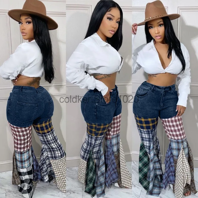 New Women Summer Fashion Colorful Plaid Patchwork Jeans Vintage Irregular Ruffle Edge Flared High Waist Jeans Pants Streetwear