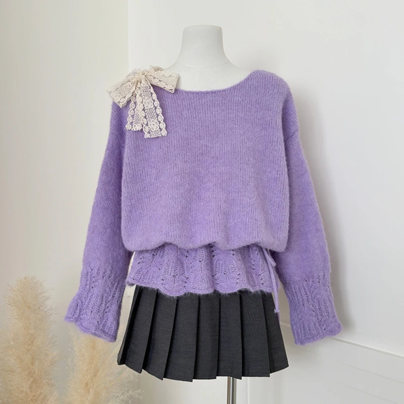 Кружевной ажурный вязаный свитер, фиолетовый, с длинным рукавом, женская одежда, свободный повседневный трикотаж с поясом и тонкой талией, вязаный джемпер