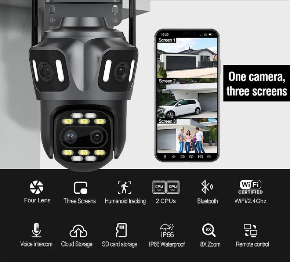 10K 16MP Four Lens Three Screen WIFI IP Camera Outdoor AI Human Detection Waterproof CCTV Video Security Camera ICsee