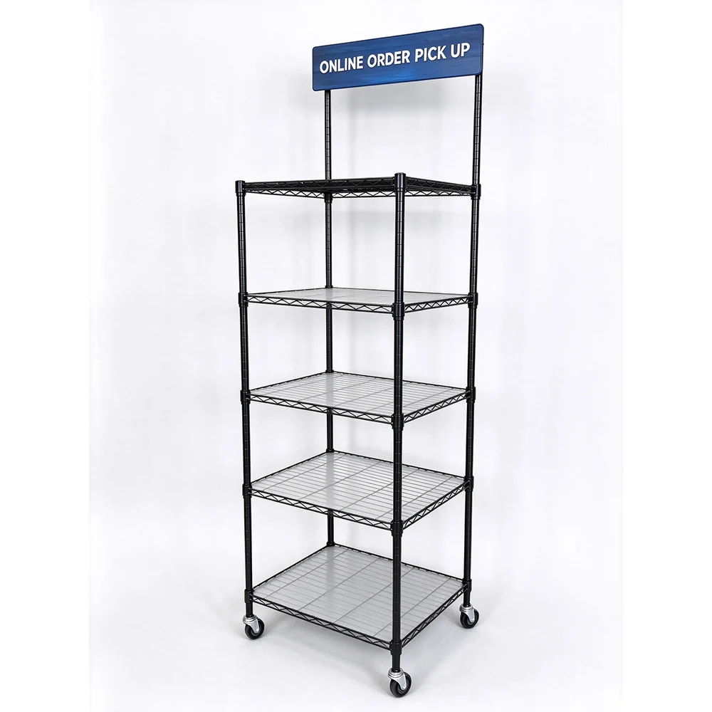 Mobile 5-layer cable rack 24-inch custom logo marking restaurant online order pickup display rack with wheel