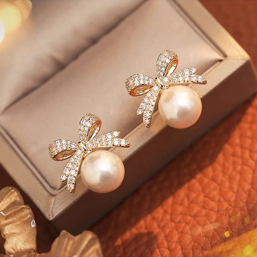 New Style Temperament Gold Color Wedding Bow Clip on Earrings for Women Rhinestone Bowknot Earring Girls Party Jewelry