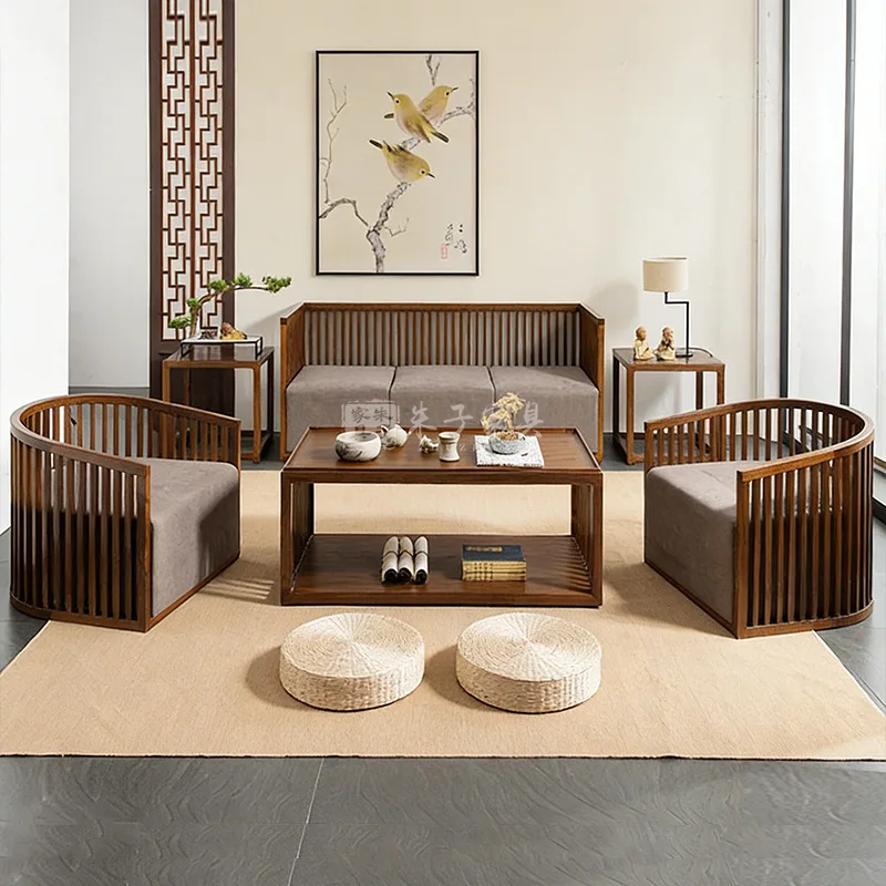 New Chinese sofa living room solid wood table and chair combination old elm coffee table simple fabric hotel home walnut
