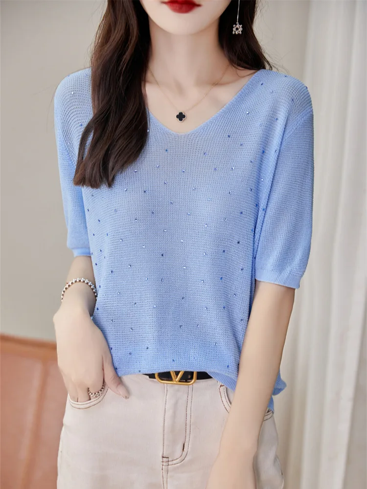 Camiseta de Verano de Manga Corta Estilo Coreano con Cuello en V, Tejido de Seda Helada, Fina, de Media Manga, a la Moda para...