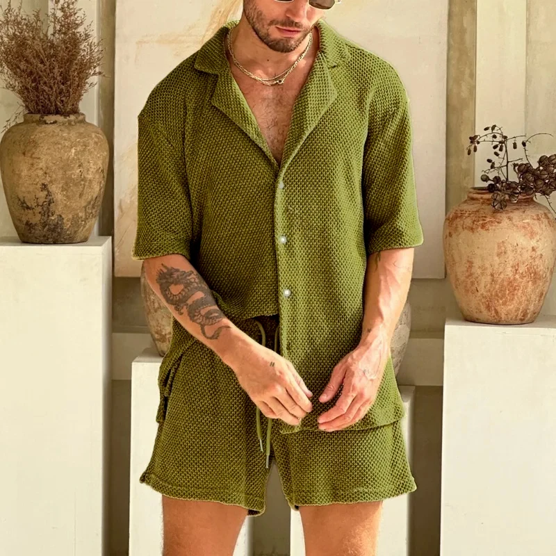 Beach Style Breathable Knitted Mens Set Summer Casual Pure Color Short Sleeve Knit Shirt And Shorts Two Piece Suits Men Outfits