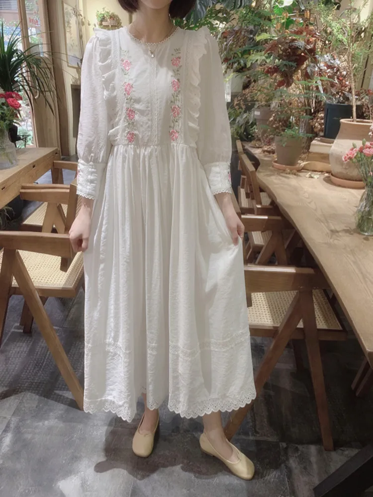 AIGYPTOS Spring Summer White Dress For Women Vintage Elegant Slim Lace Embroidery Long Dress Korean Fashion Holiday Dress Robe