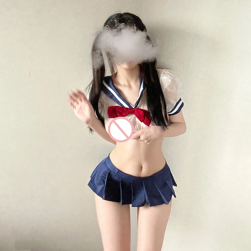 Women Sexy Lingerie Anime Cosplay School Girl Wear Student Suit Girls JK Uniform Transparent Shirt with Pleated Skirt Night Club