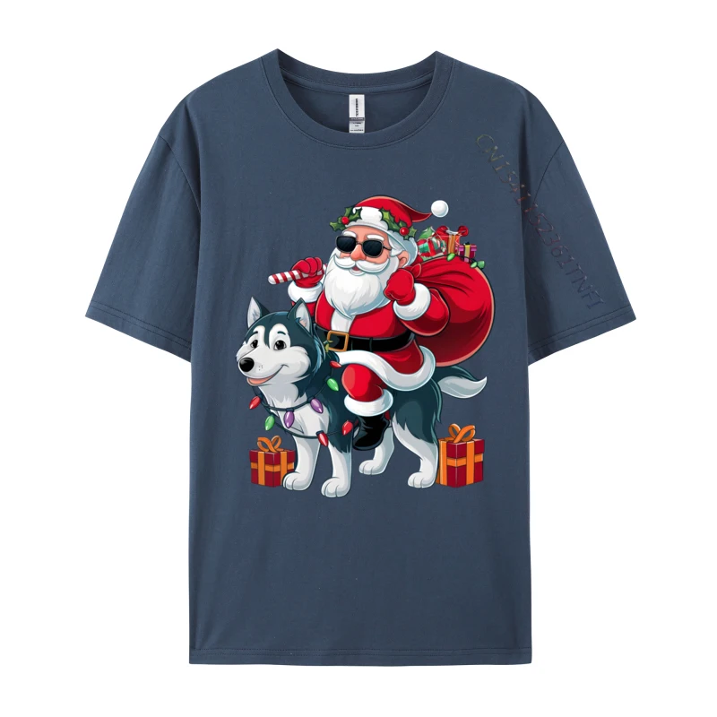 Xmas Lighting Santa Riding Husky Dog Christmas T Shirts Pure Cotton Tops Casual Classic Round Neck Tees Birthday Present T-Shirt