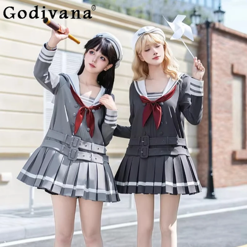 

Lolita Dresses for Women New Spring College Style Y2k Long-sleeve Short Dress Sweet Girl's Navy Collar Casual Dress Vestidos