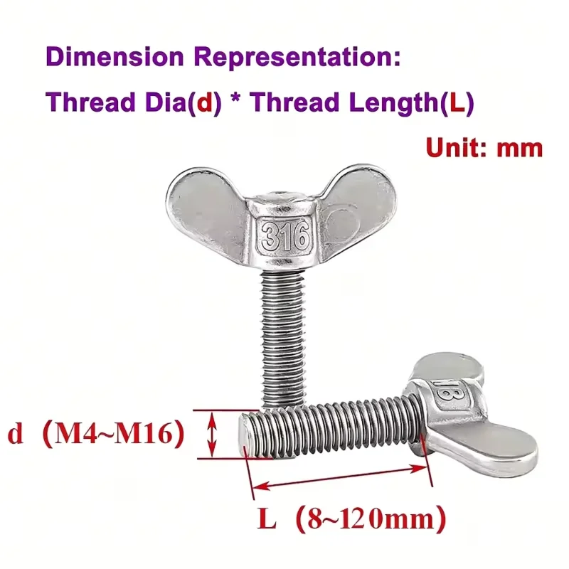 M4 M5 M6 316 Stainless Steel Butterfly Screws Wing Head Thumb Screws Adjust Bolt Sheep Horn Bolt Length 8mm~100mm