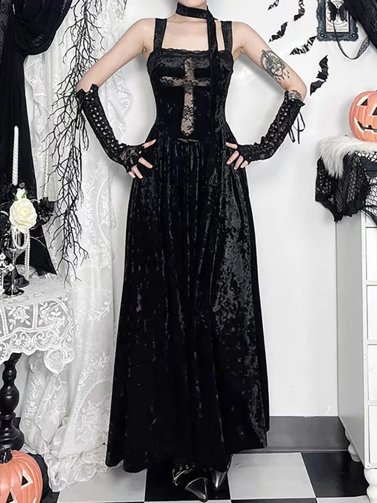 RORORIRI Sheer Cross Lace Splice Samt Tank Kleid Frauen Schal Neck Backless Sexy Plissee Drapierte Lange Kleid Dark Vintage Kleidung