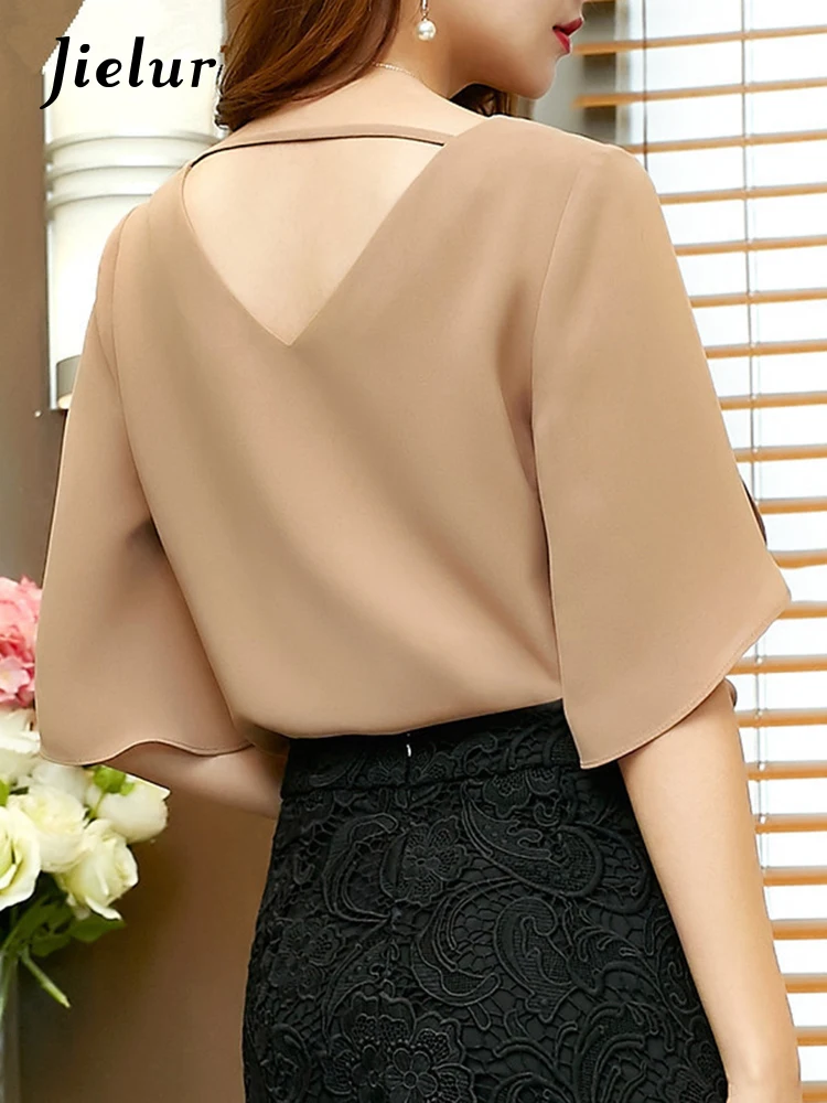 Jielur Blus Musim Panas Wanita Kemeja Sifon Solid Kasual Blus Wanita Longgar Korea Lengan Kupu-kupu Blusa Feminina Atasan Hitam